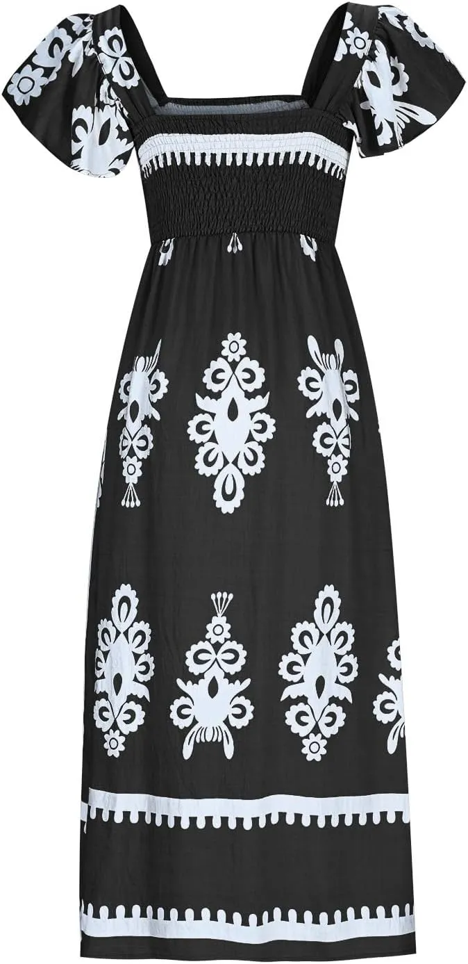 Women's Retro Floral Dress Fashion Ruffle Sleeve Smocked Long Dress 2025 Summer Beach Vacation Flowy Maxi Dresses