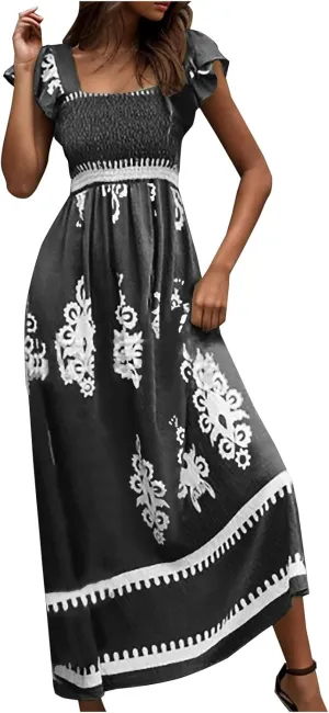 Women's Retro Floral Dress Fashion Ruffle Sleeve Smocked Long Dress 2025 Summer Beach Vacation Flowy Maxi Dresses