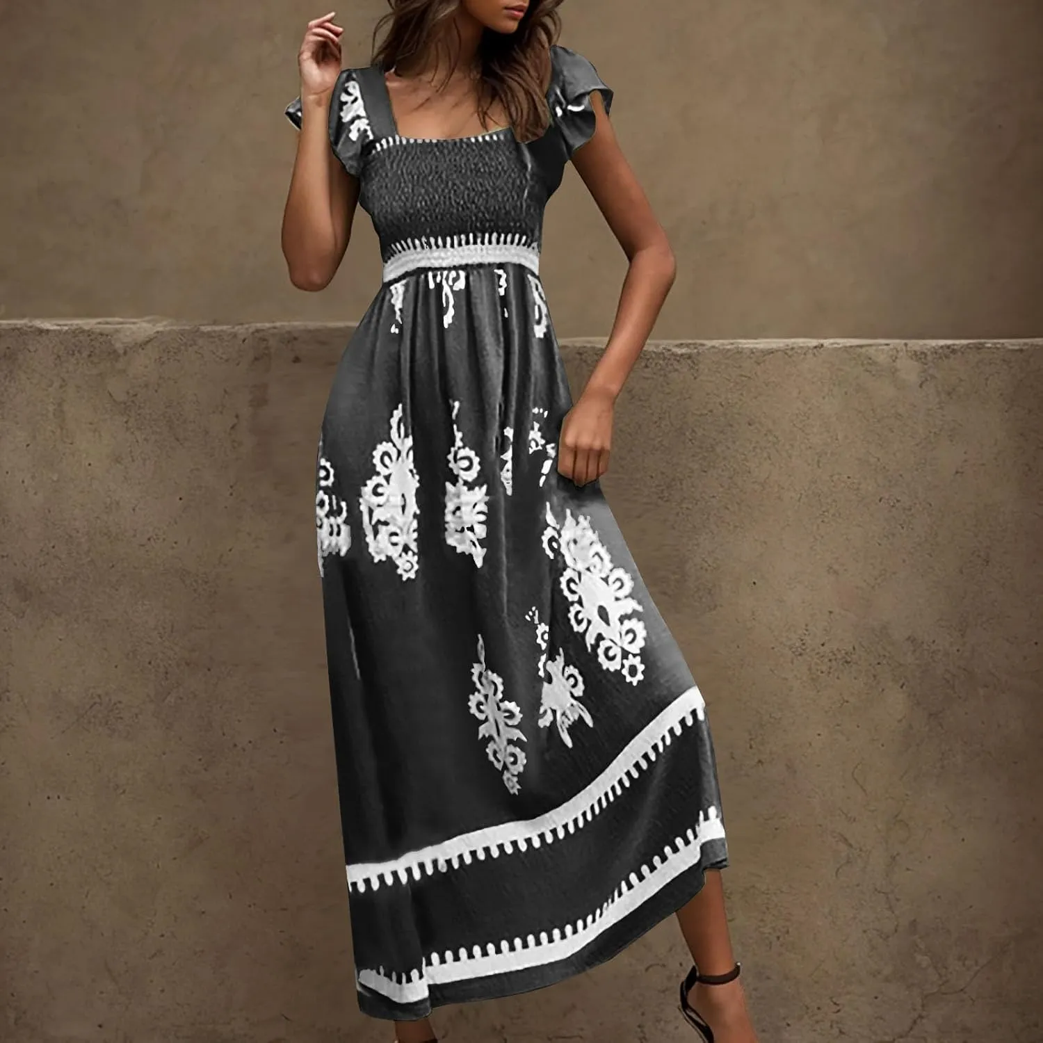 Women's Retro Floral Dress Fashion Ruffle Sleeve Smocked Long Dress 2025 Summer Beach Vacation Flowy Maxi Dresses