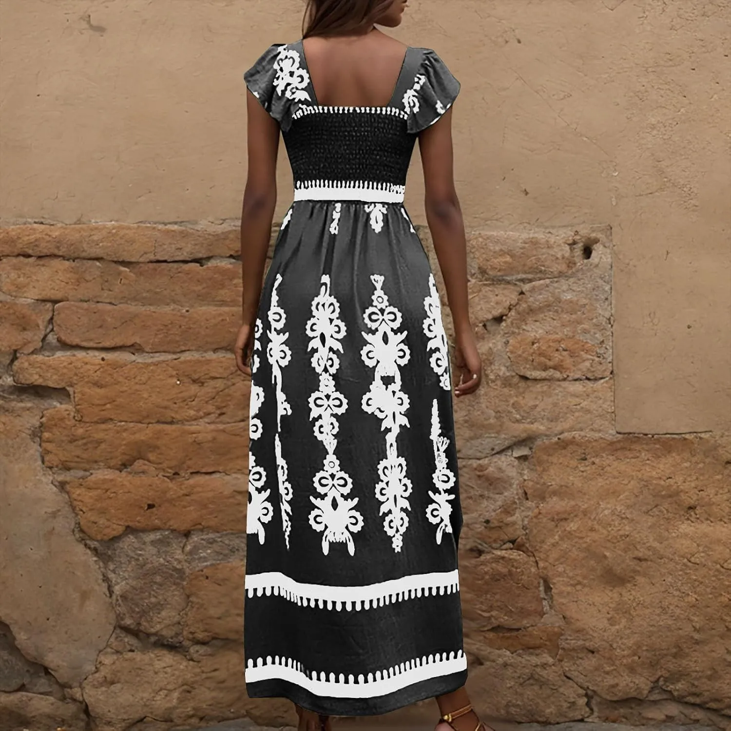 Women's Retro Floral Dress Fashion Ruffle Sleeve Smocked Long Dress 2025 Summer Beach Vacation Flowy Maxi Dresses