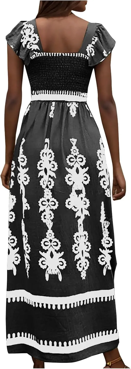 Women's Retro Floral Dress Fashion Ruffle Sleeve Smocked Long Dress 2025 Summer Beach Vacation Flowy Maxi Dresses