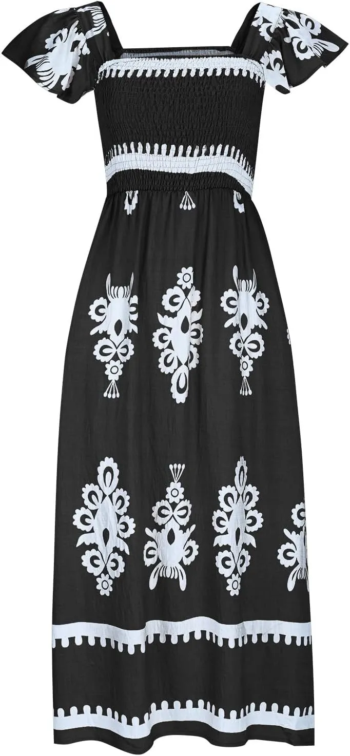 Women's Retro Floral Dress Fashion Ruffle Sleeve Smocked Long Dress 2025 Summer Beach Vacation Flowy Maxi Dresses