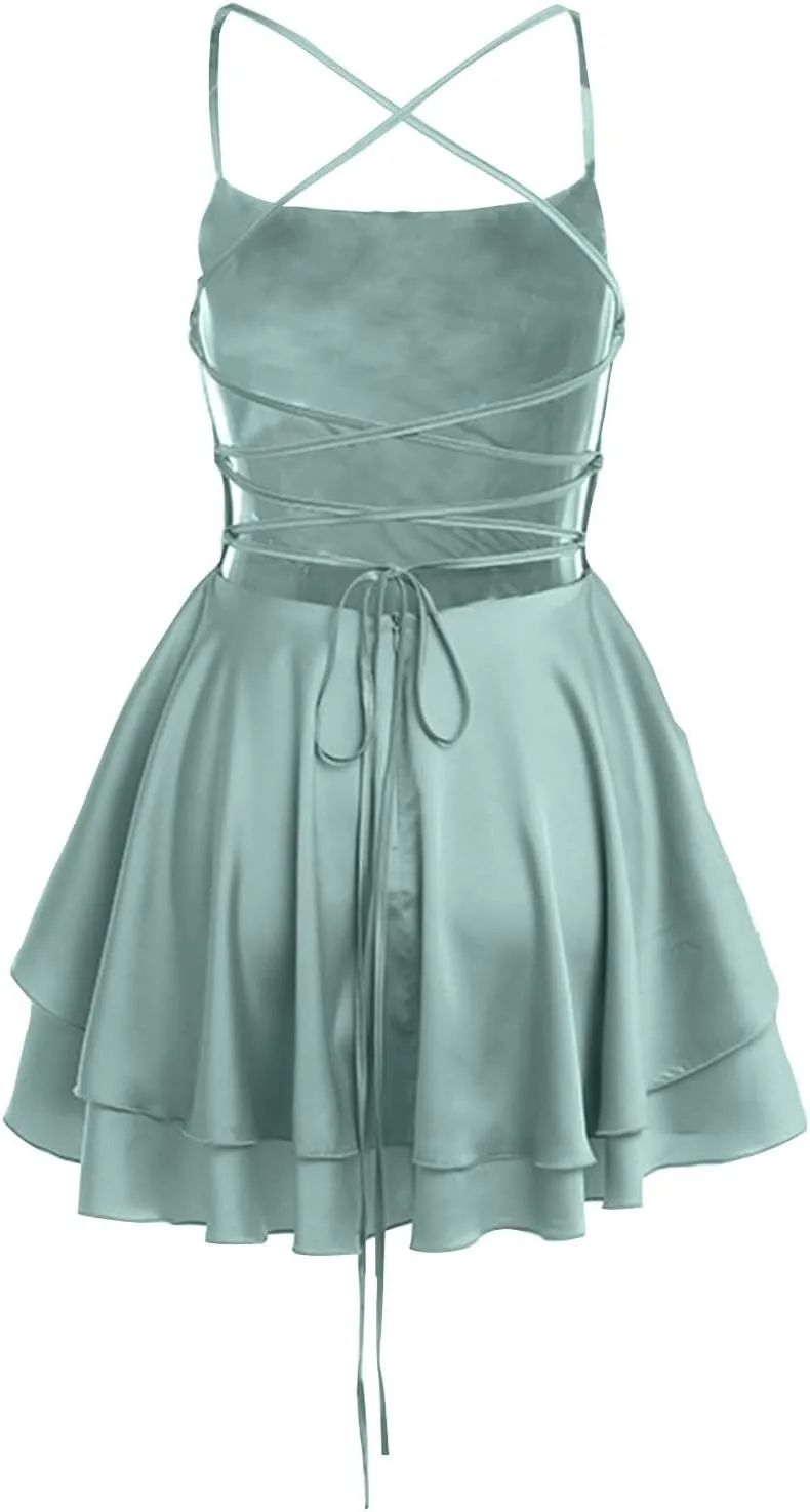 Women's Sexy Criss Cross Lace Up Backless Spaghetti Strap Mini Dress Sleeveless Bodycon Double Layer Ruffle Dresses