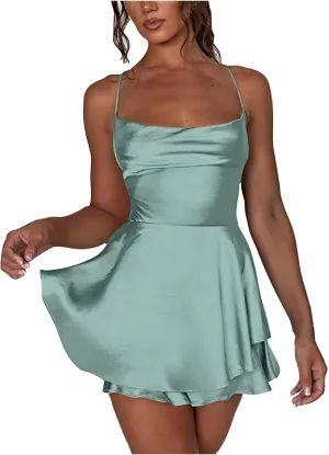 Women's Sexy Criss Cross Lace Up Backless Spaghetti Strap Mini Dress Sleeveless Bodycon Double Layer Ruffle Dresses