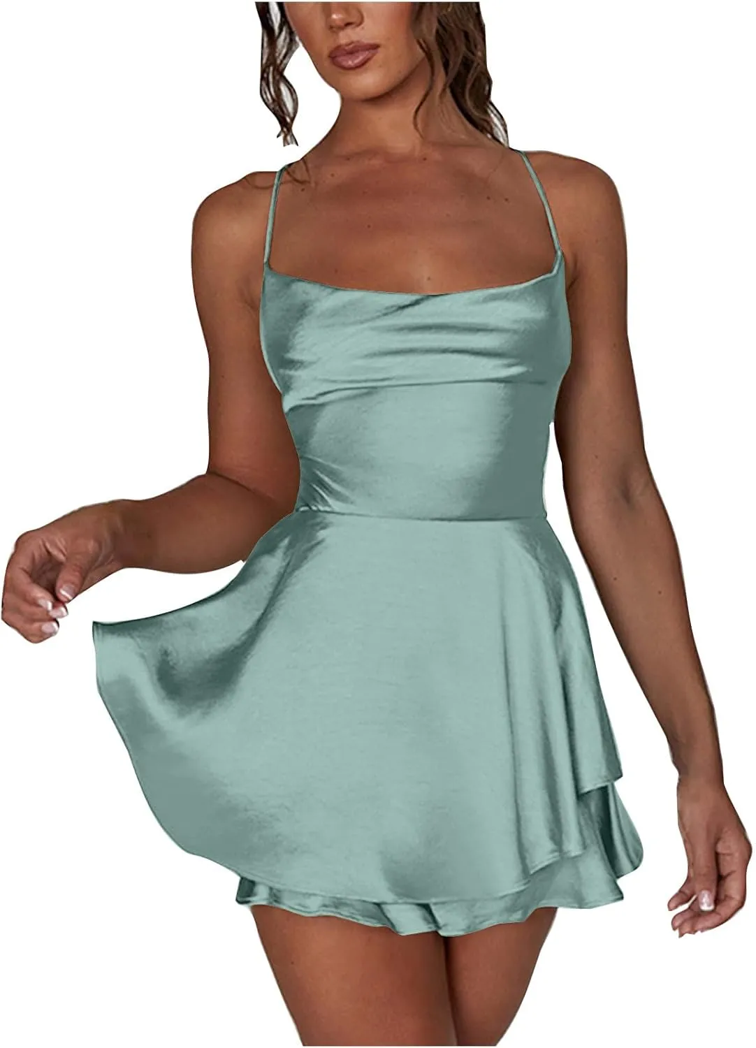 Women's Sexy Criss Cross Lace Up Backless Spaghetti Strap Mini Dress Sleeveless Bodycon Double Layer Ruffle Dresses