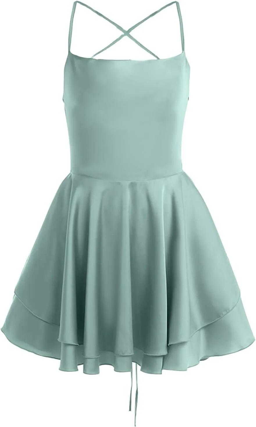 Women's Sexy Criss Cross Lace Up Backless Spaghetti Strap Mini Dress Sleeveless Bodycon Double Layer Ruffle Dresses