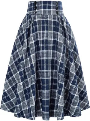 Womens Skirt Women Casual Plaid Skirt with Pockets Vintage High Waist Pleated Skirt Midi Dress