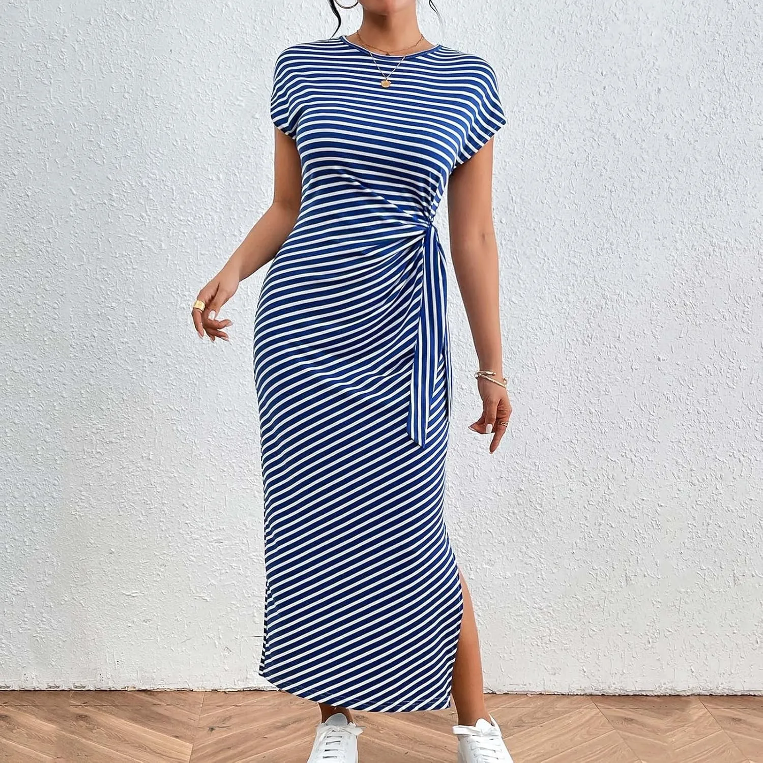 Women's Striped Round Neck Midi Dress Casual Fashion Color Block Short Sleeve Side Tie Knot Split Long Travel Dresses