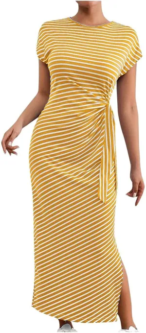 Women's Striped Round Neck Midi Dress Casual Fashion Color Block Short Sleeve Side Tie Knot Split Long Travel Dresses