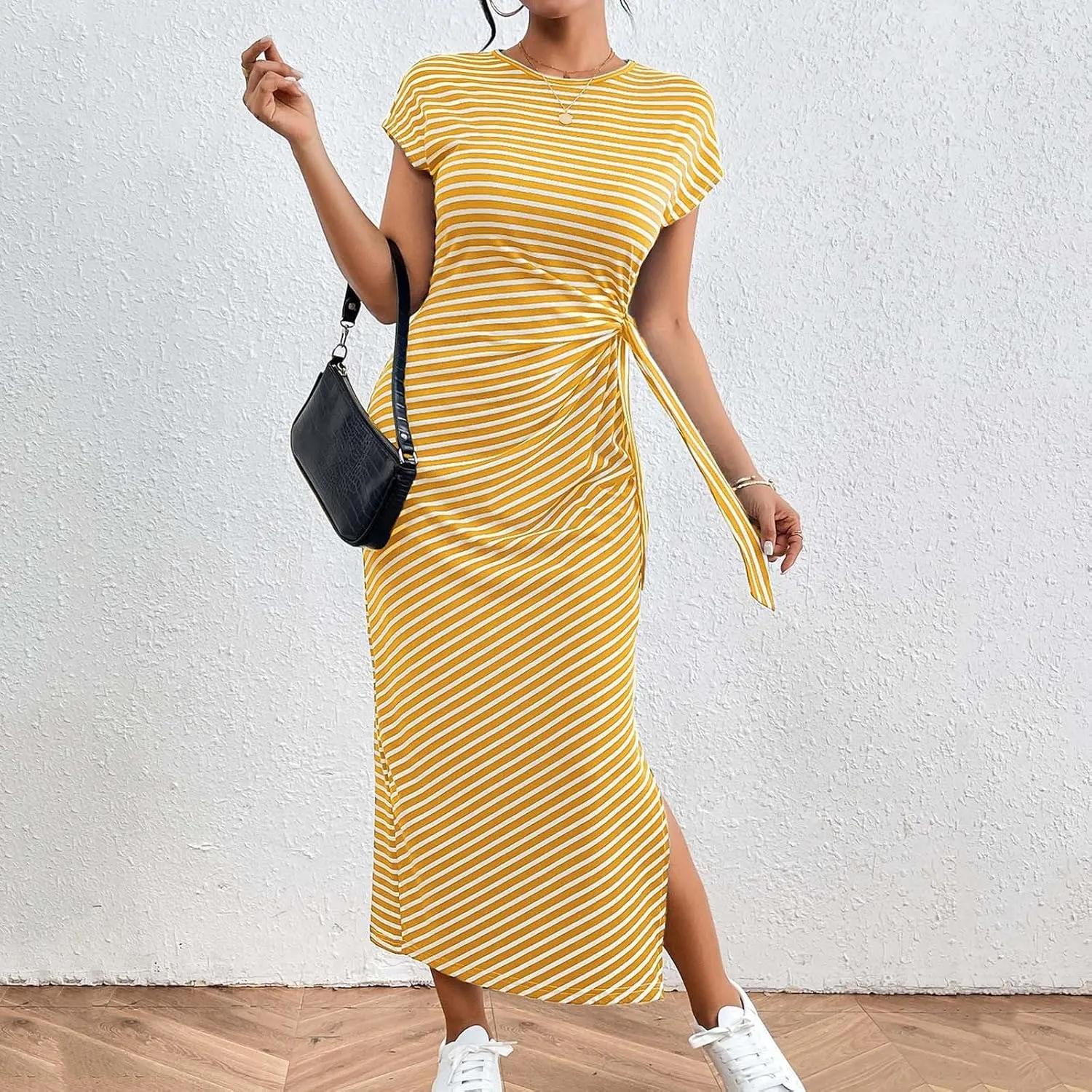 Women's Striped Round Neck Midi Dress Casual Fashion Color Block Short Sleeve Side Tie Knot Split Long Travel Dresses