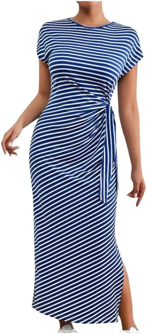 Women's Striped Round Neck Midi Dress Casual Fashion Color Block Short Sleeve Side Tie Knot Split Long Travel Dresses
