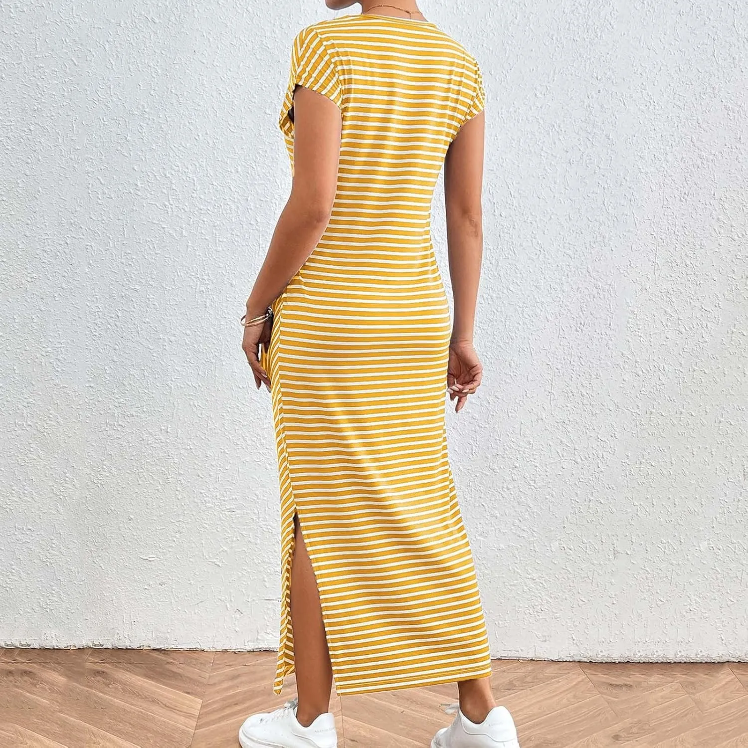 Women's Striped Round Neck Midi Dress Casual Fashion Color Block Short Sleeve Side Tie Knot Split Long Travel Dresses