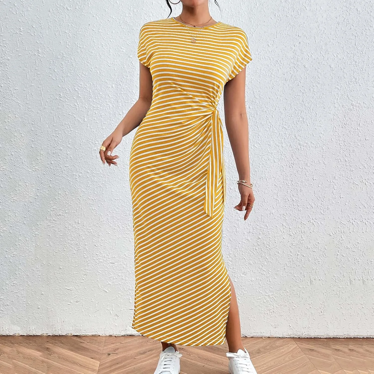 Women's Striped Round Neck Midi Dress Casual Fashion Color Block Short Sleeve Side Tie Knot Split Long Travel Dresses