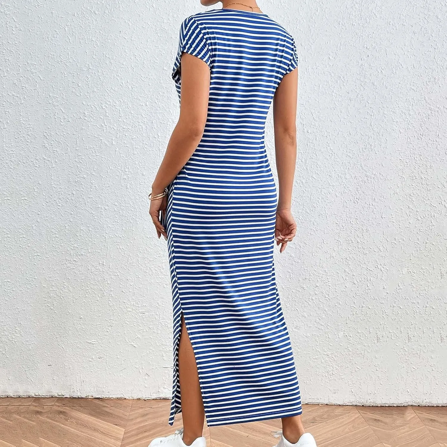 Women's Striped Round Neck Midi Dress Casual Fashion Color Block Short Sleeve Side Tie Knot Split Long Travel Dresses