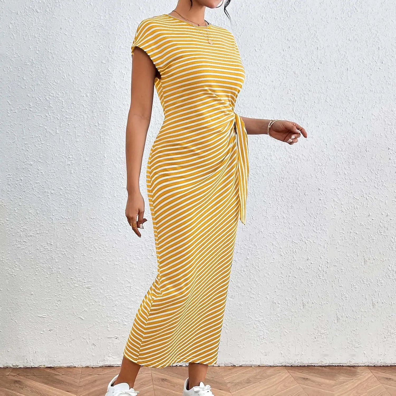 Women's Striped Round Neck Midi Dress Casual Fashion Color Block Short Sleeve Side Tie Knot Split Long Travel Dresses