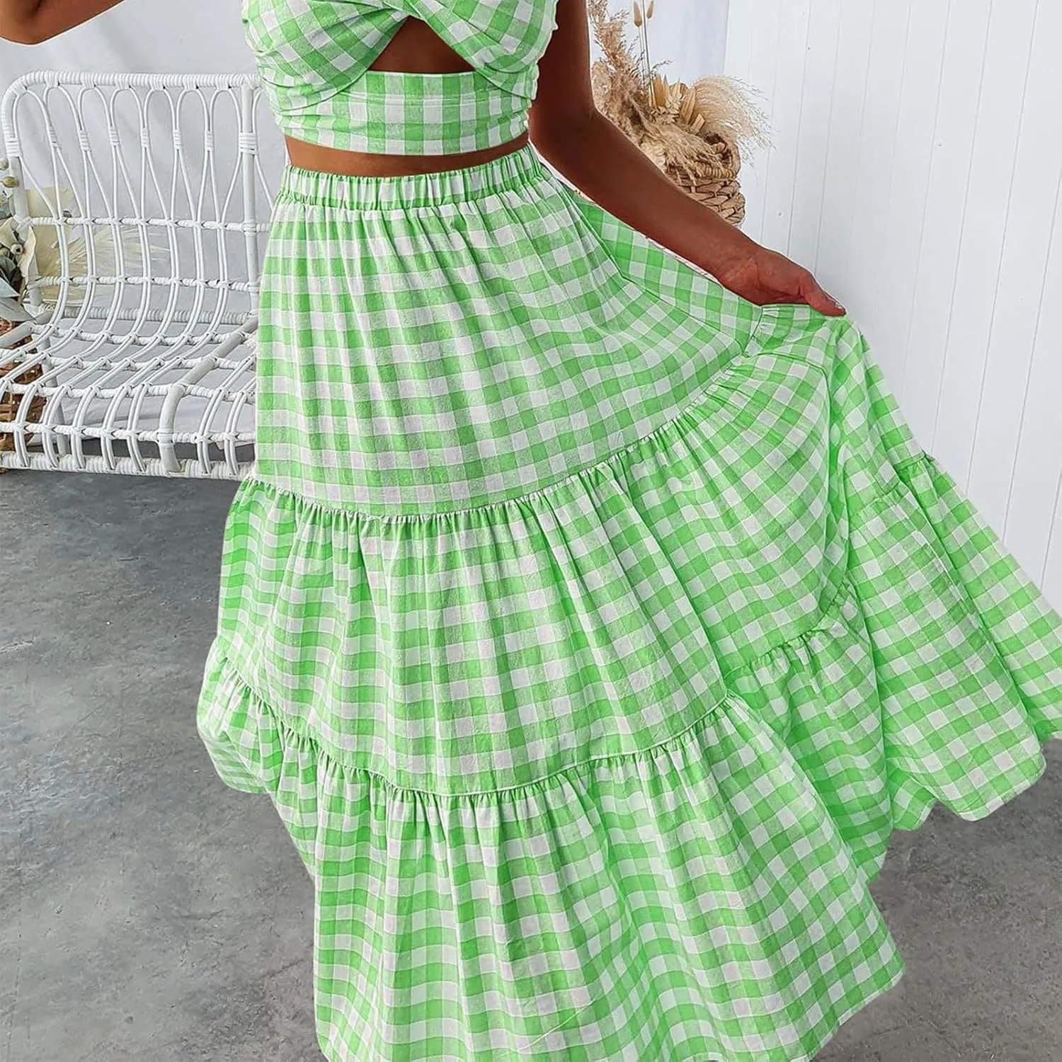 Womens Summer Boho Elastic High Waist Maxi Skirt Pleated A-Line Flowy Swing Ruffle Tiered Long Beach Skirt Dress
