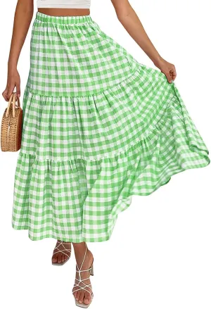 Womens Summer Boho Elastic High Waist Maxi Skirt Pleated A-Line Flowy Swing Ruffle Tiered Long Beach Skirt Dress