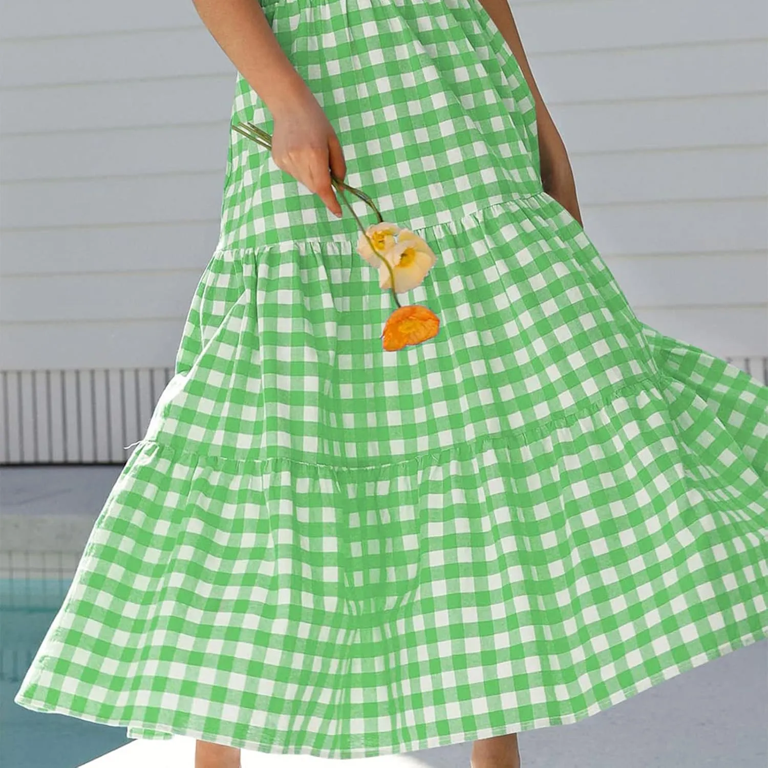 Womens Summer Boho Elastic High Waist Maxi Skirt Pleated A-Line Flowy Swing Ruffle Tiered Long Beach Skirt Dress