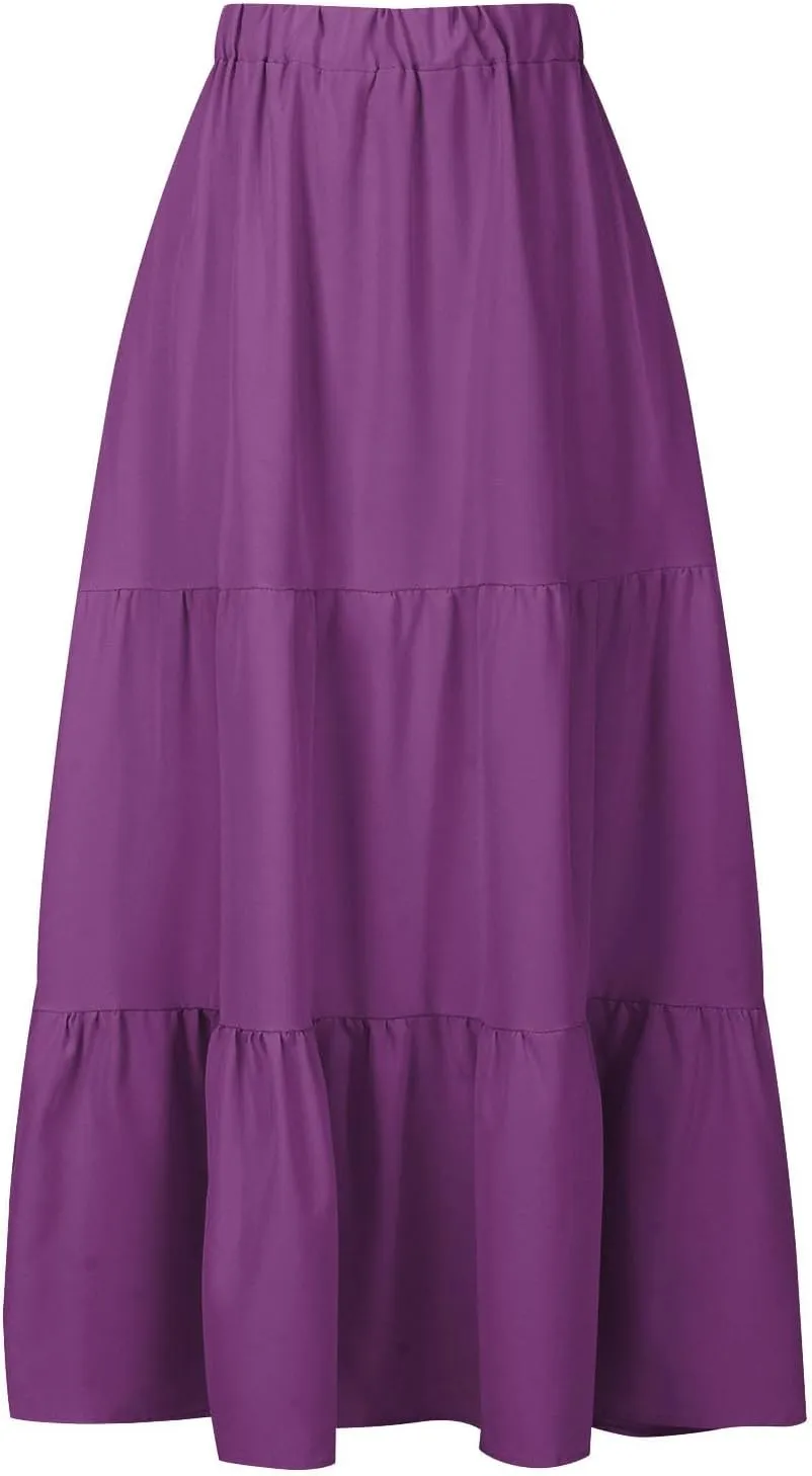 Womens Summer Boho Midi Skirt Flowy Swing Tiered A-Line Skirts with Pockets 2025 Trendy Ruffle Pleated Beach Dress