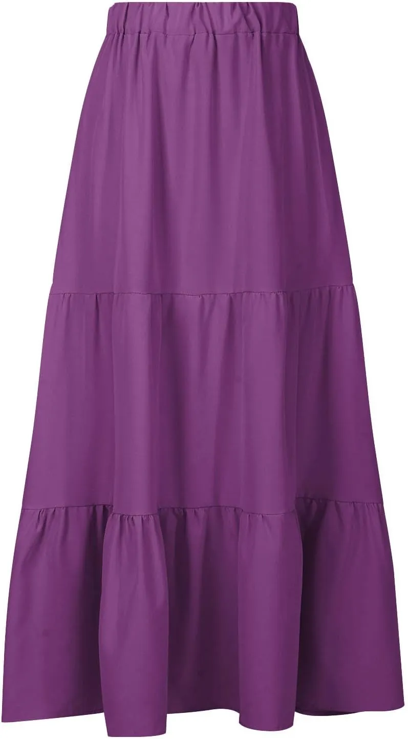 Womens Summer Boho Midi Skirt Flowy Swing Tiered A-Line Skirts with Pockets 2025 Trendy Ruffle Pleated Beach Dress
