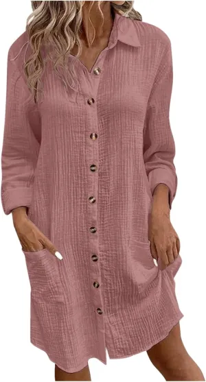 Women's Summer Dresses 2025 Cap Sleeves Button Down Solid Oversized Short Dress Tshirt Mini Dress with Pockets