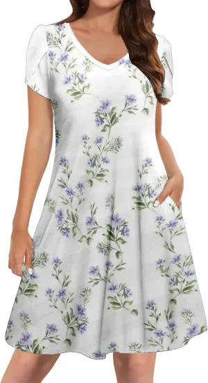 Womens Summer Dresses 2025 V Neck Short Sleeve Floral Graphic Sundresses Cute Loose Casual Midi Dress with Pockets