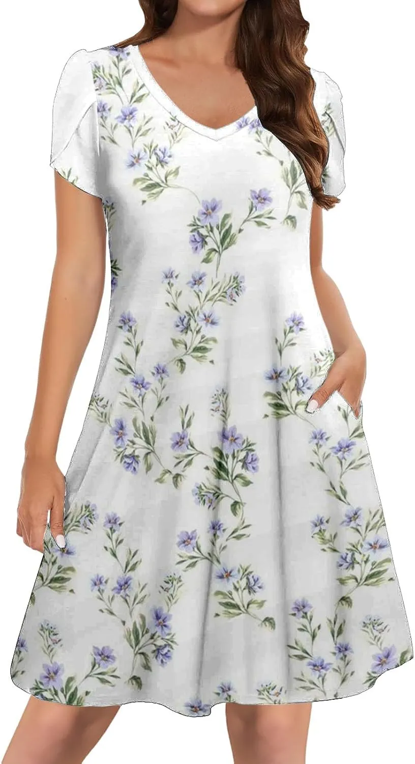 Womens Summer Dresses 2025 V Neck Short Sleeve Floral Graphic Sundresses Cute Loose Casual Midi Dress with Pockets