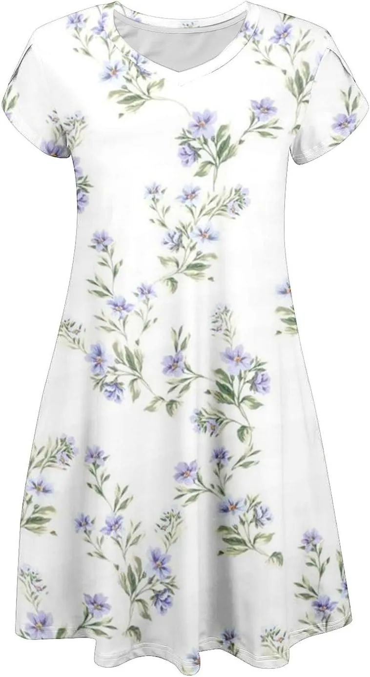 Womens Summer Dresses 2025 V Neck Short Sleeve Floral Graphic Sundresses Cute Loose Casual Midi Dress with Pockets