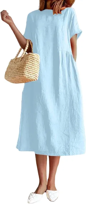 Women's Summer Dresses Casual Short Sleeve Cotton Linen Dress Solid Color Loose Beach T-Shirt Sundress with Pockets