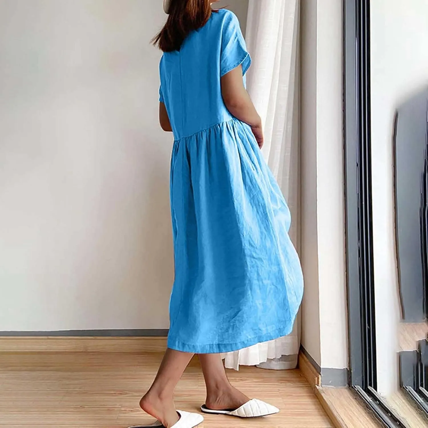 Women's Summer Dresses Casual Short Sleeve Cotton Linen Dress Solid Color Loose Beach T-Shirt Sundress with Pockets