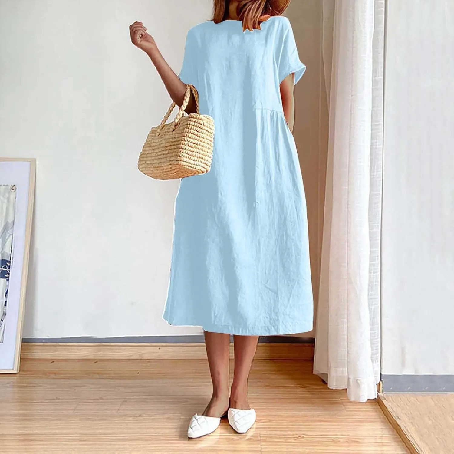 Women's Summer Dresses Casual Short Sleeve Cotton Linen Dress Solid Color Loose Beach T-Shirt Sundress with Pockets