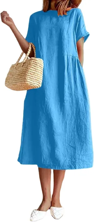 Women's Summer Dresses Casual Short Sleeve Cotton Linen Dress Solid Color Loose Beach T-Shirt Sundress with Pockets