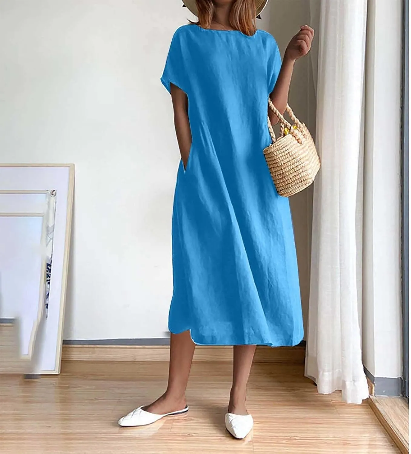 Women's Summer Dresses Casual Short Sleeve Cotton Linen Dress Solid Color Loose Beach T-Shirt Sundress with Pockets