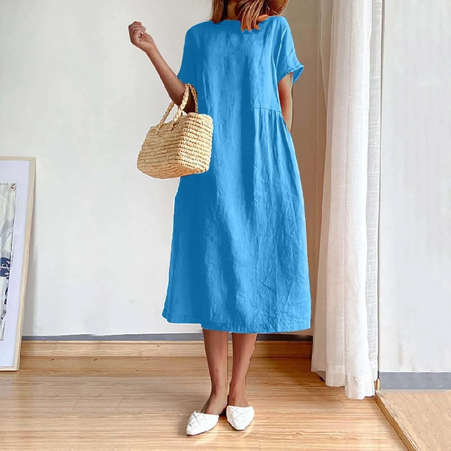 Women's Summer Dresses Casual Short Sleeve Cotton Linen Dress Solid Color Loose Beach T-Shirt Sundress with Pockets