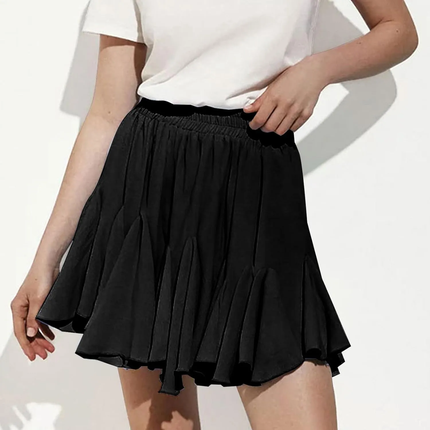 Women's Summer High Waist Pleated Skirts Casual Ruffle Beach Mini Skirt Fashion Elastic High Waisted Short Skirts