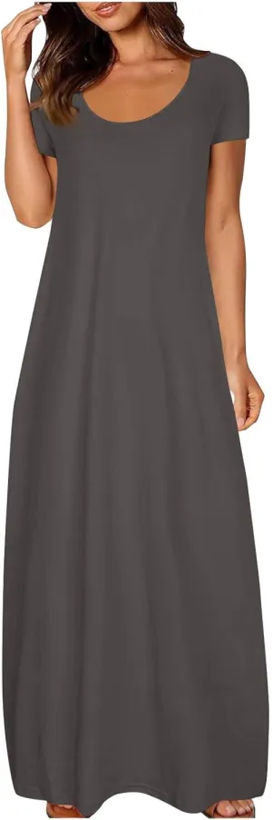 Womens Summer Maxi Dresses Fashion Solid Color Cap Sleeves Crewneck Plus Size Loose Comfy Long Beach Sundress