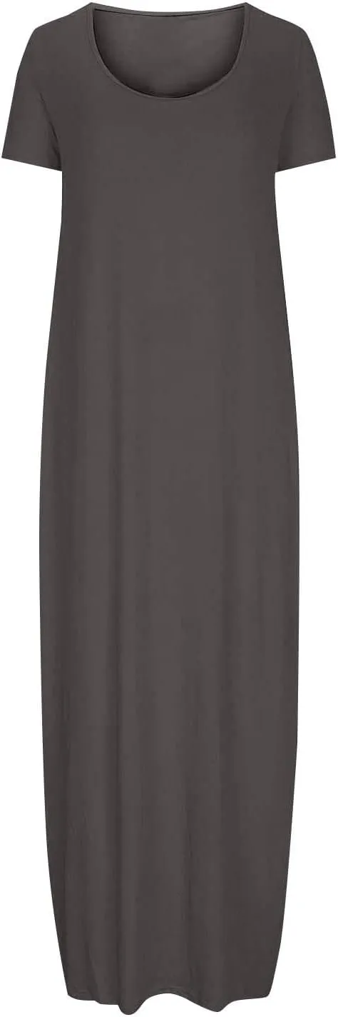 Womens Summer Maxi Dresses Fashion Solid Color Cap Sleeves Crewneck Plus Size Loose Comfy Long Beach Sundress