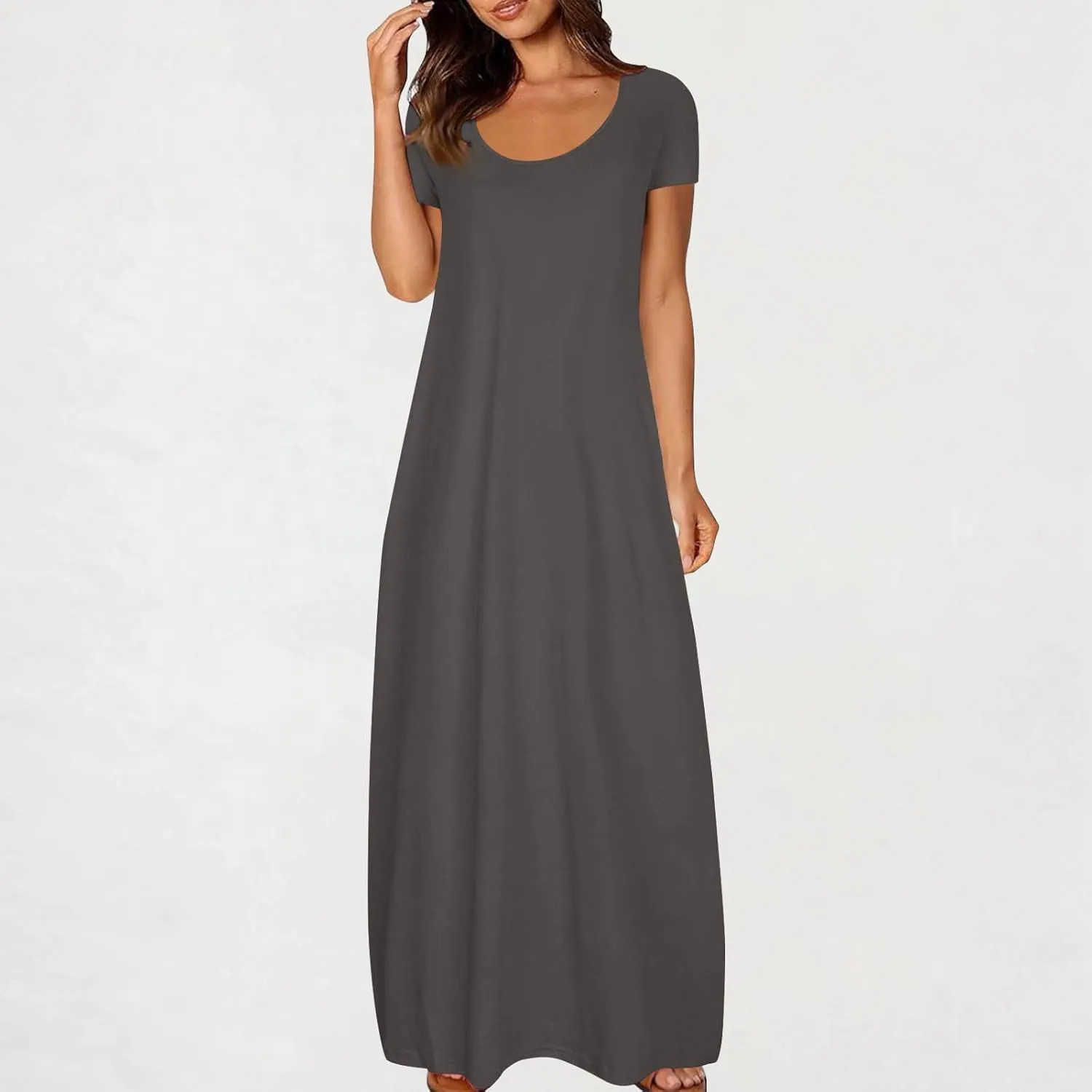 Womens Summer Maxi Dresses Fashion Solid Color Cap Sleeves Crewneck Plus Size Loose Comfy Long Beach Sundress