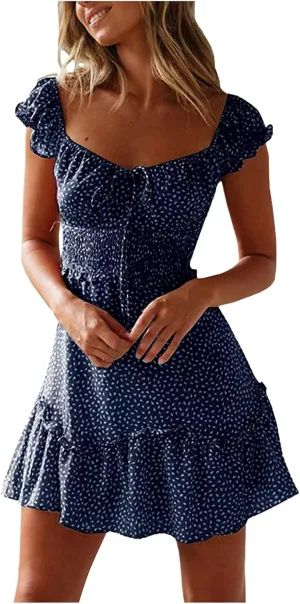 Women's Summer Ruffle Sleeve Sweetheart Neckline Printing Dresses Boho Beach Vacation Mini Dress Short Sundresses
