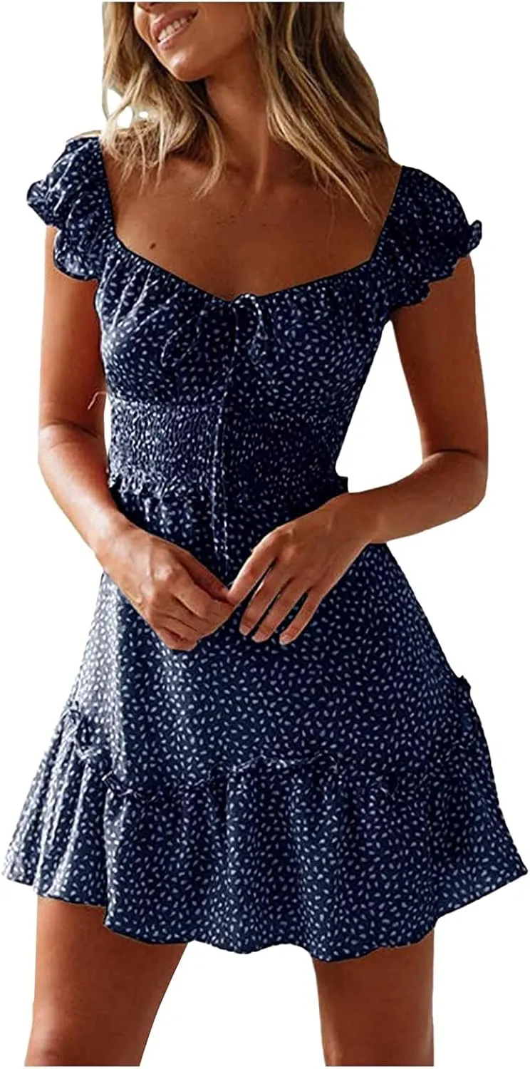 Women's Summer Ruffle Sleeve Sweetheart Neckline Printing Dresses Boho Beach Vacation Mini Dress Short Sundresses