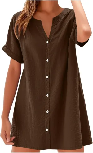 Women's Summer Short Dresses Trendy Button Down Plus Size V Neck Boho Sundress Spring Mini Dress 2025