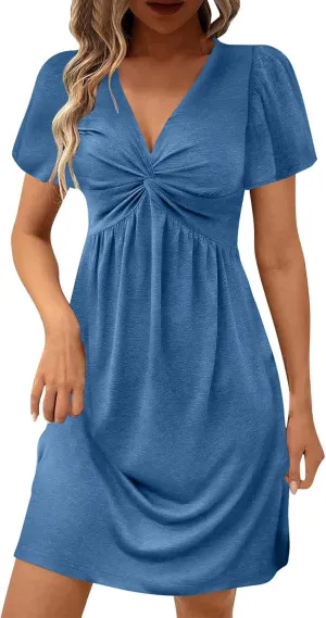 Womens Twist Front V Neck Summer Dress Sexy Elegant Puff Sleeve Casual Pleated Mini Dresses Swing A Line Sundresses
