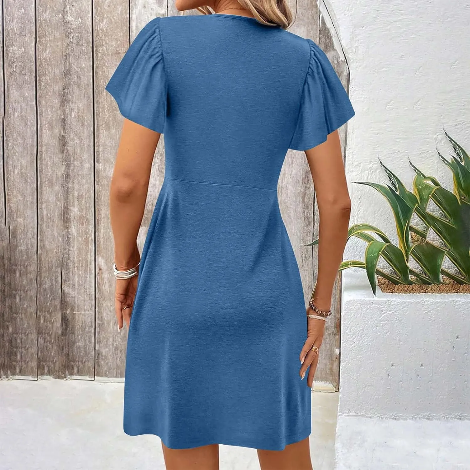 Womens Twist Front V Neck Summer Dress Sexy Elegant Puff Sleeve Casual Pleated Mini Dresses Swing A Line Sundresses