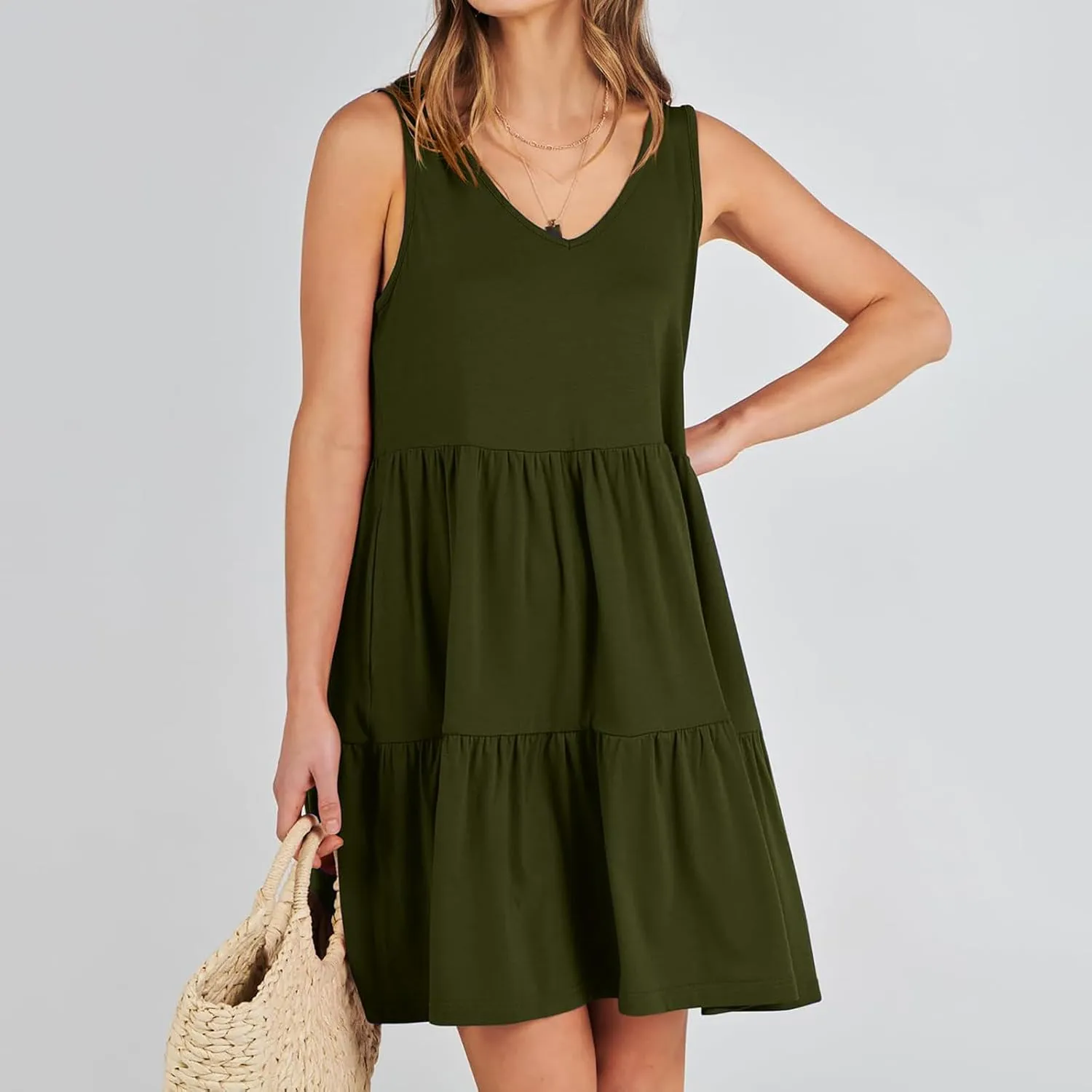 Women's V Neck Tiered Ruffle Dress, Casual Beach Sundress Elegant Loose Swing Summer Dresses Trendy Mini Tank Dress