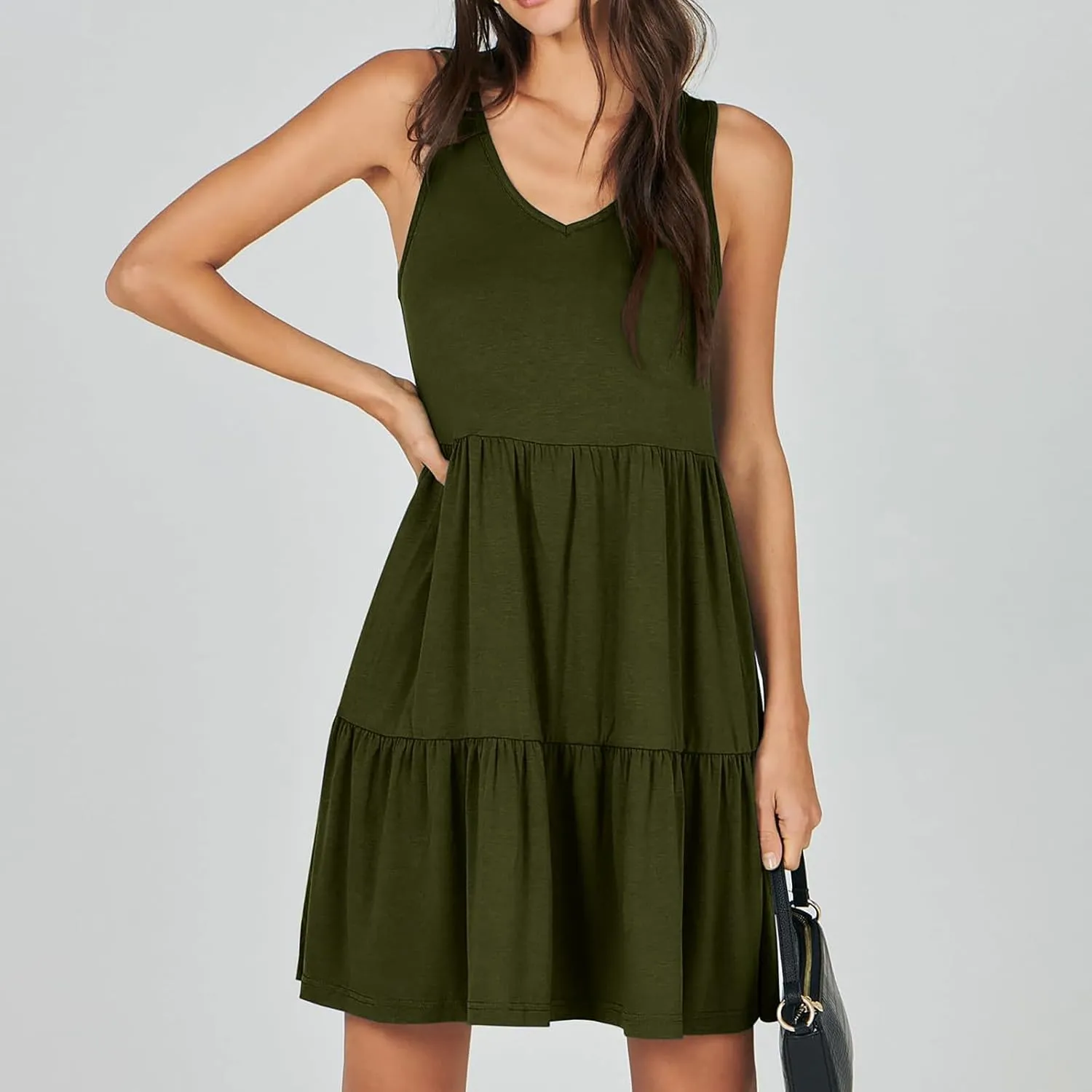 Women's V Neck Tiered Ruffle Dress, Casual Beach Sundress Elegant Loose Swing Summer Dresses Trendy Mini Tank Dress