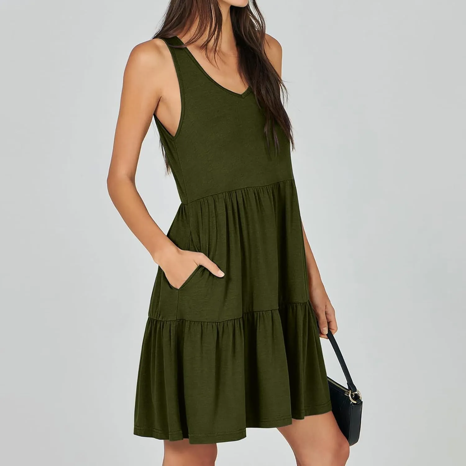 Women's V Neck Tiered Ruffle Dress, Casual Beach Sundress Elegant Loose Swing Summer Dresses Trendy Mini Tank Dress