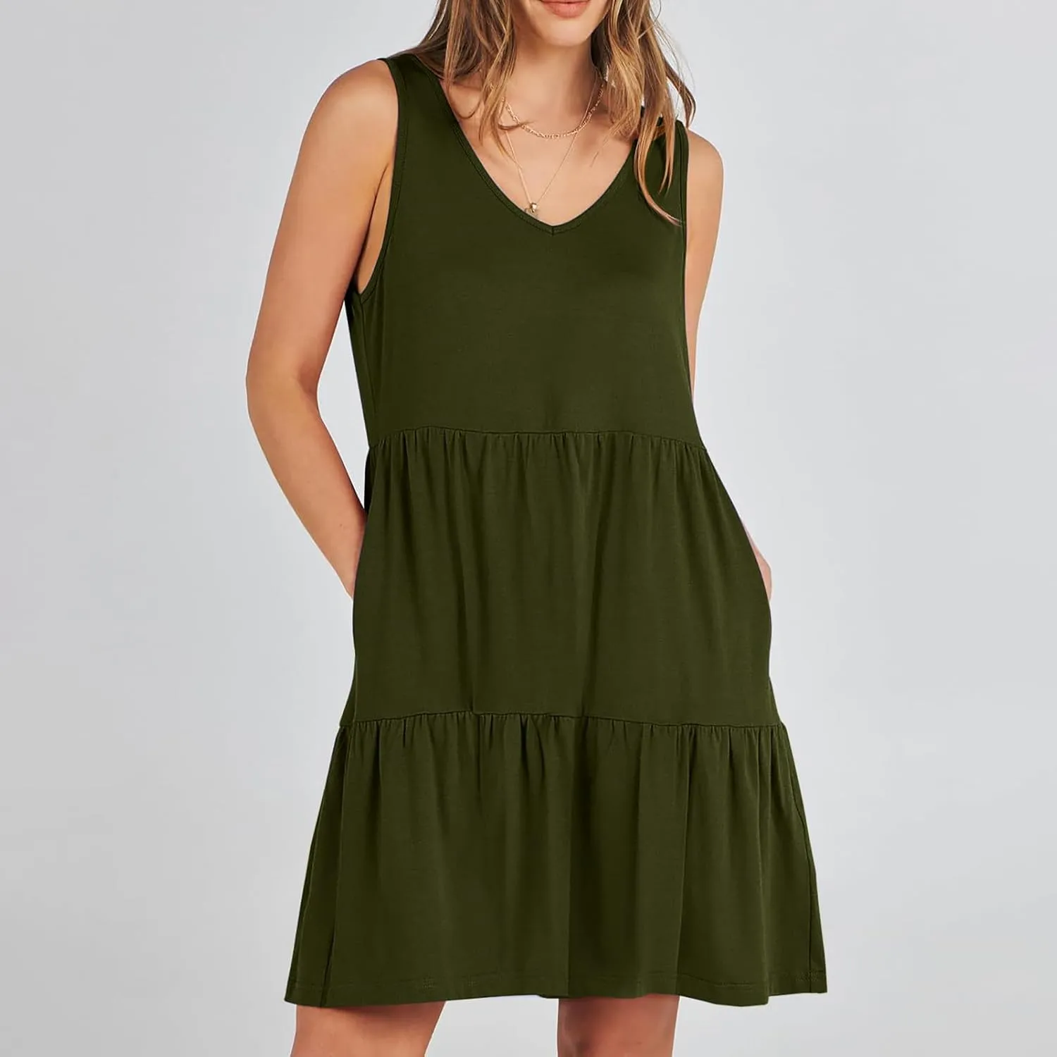 Women's V Neck Tiered Ruffle Dress, Casual Beach Sundress Elegant Loose Swing Summer Dresses Trendy Mini Tank Dress