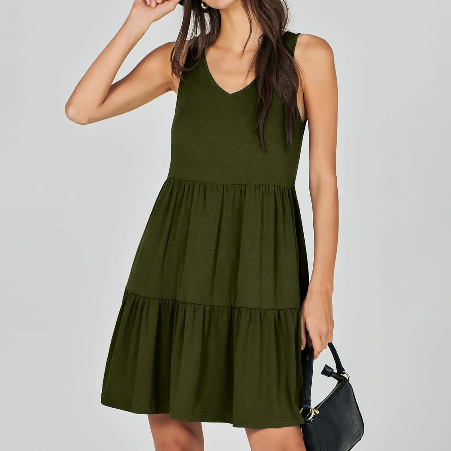 Women's V Neck Tiered Ruffle Dress, Casual Beach Sundress Elegant Loose Swing Summer Dresses Trendy Mini Tank Dress