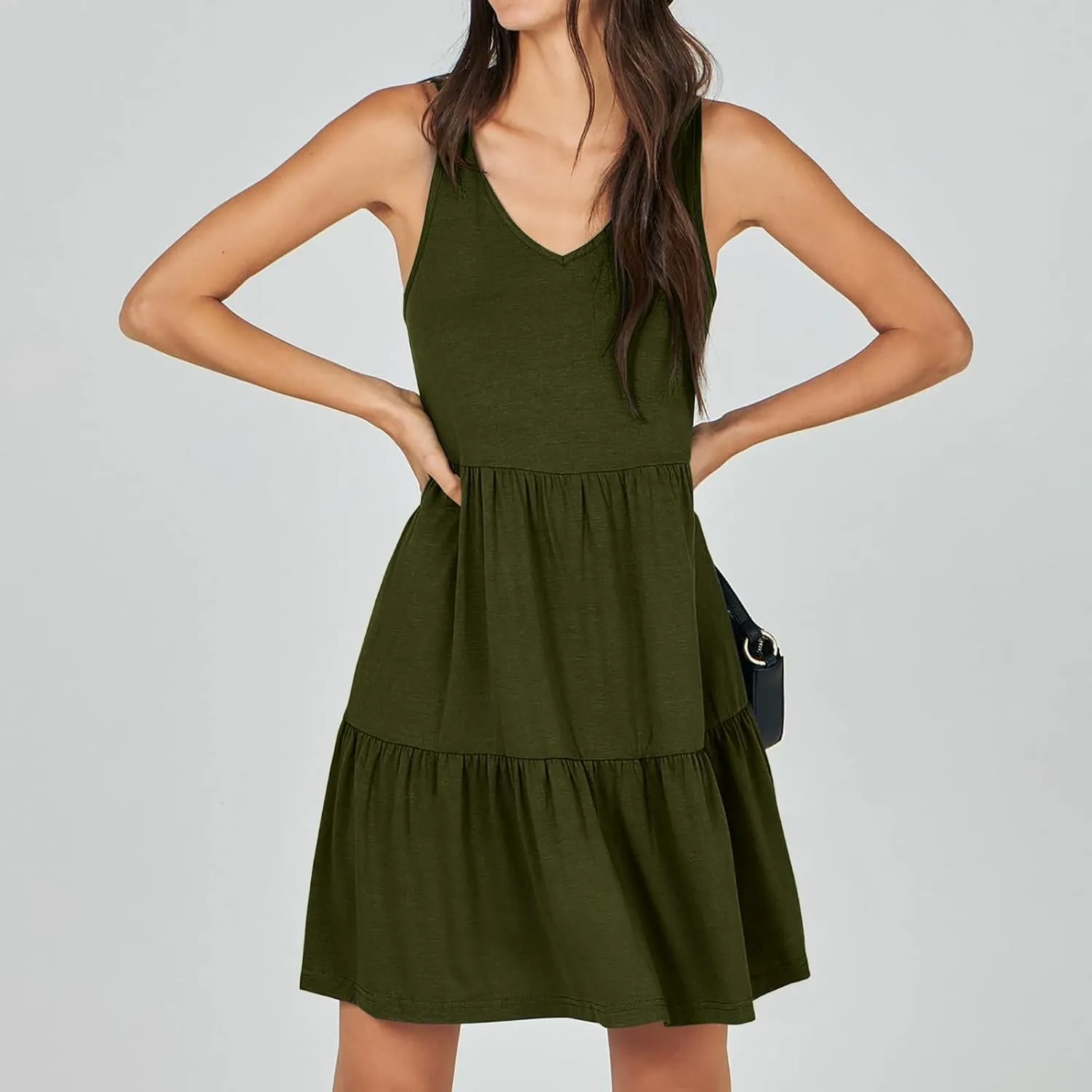 Women's V Neck Tiered Ruffle Dress, Casual Beach Sundress Elegant Loose Swing Summer Dresses Trendy Mini Tank Dress