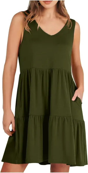 Women's V Neck Tiered Ruffle Dress, Casual Beach Sundress Elegant Loose Swing Summer Dresses Trendy Mini Tank Dress